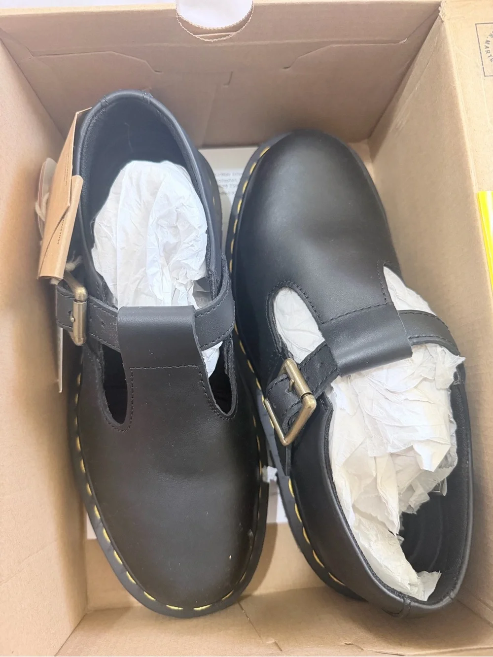 Dr. Martens Kids Black T-Bar Mary Jane Shoes with Yellow Stitching